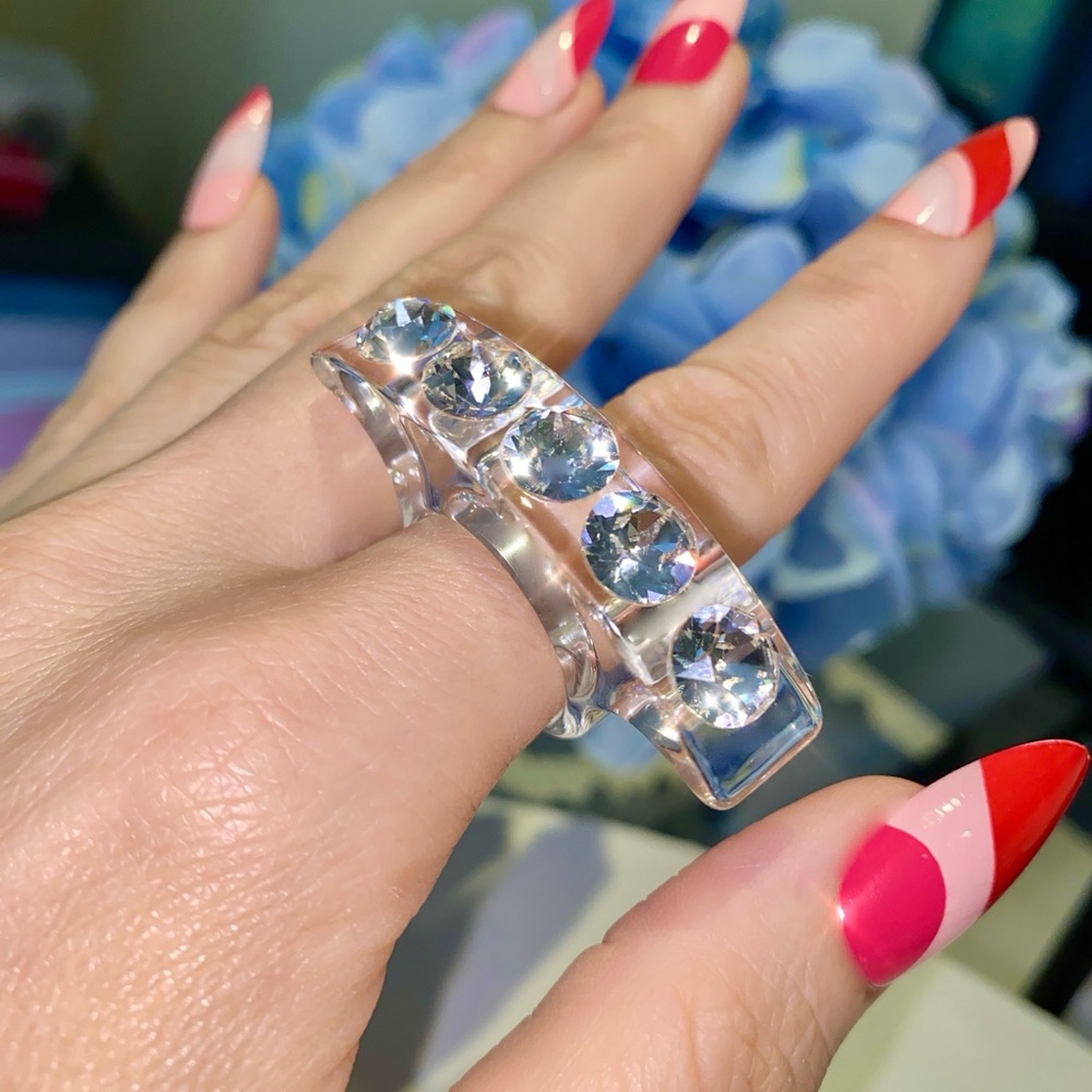 Clear Acrylic statement ring embellished with genuine crystals, cocktail ring